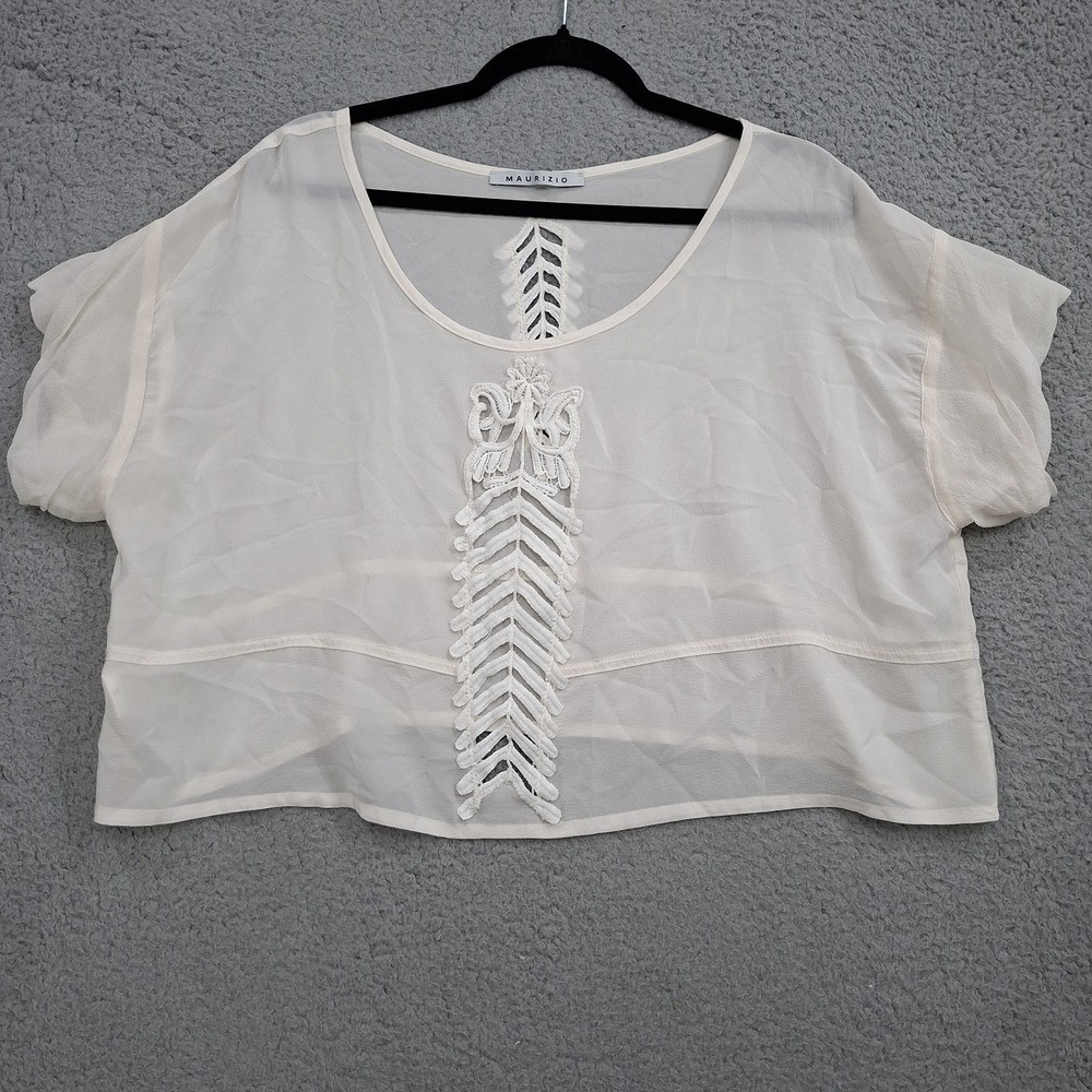 Maurizio Mykonos Greece Womens L Ivory Cream‎ Silk Top Blouse flowy Crochet